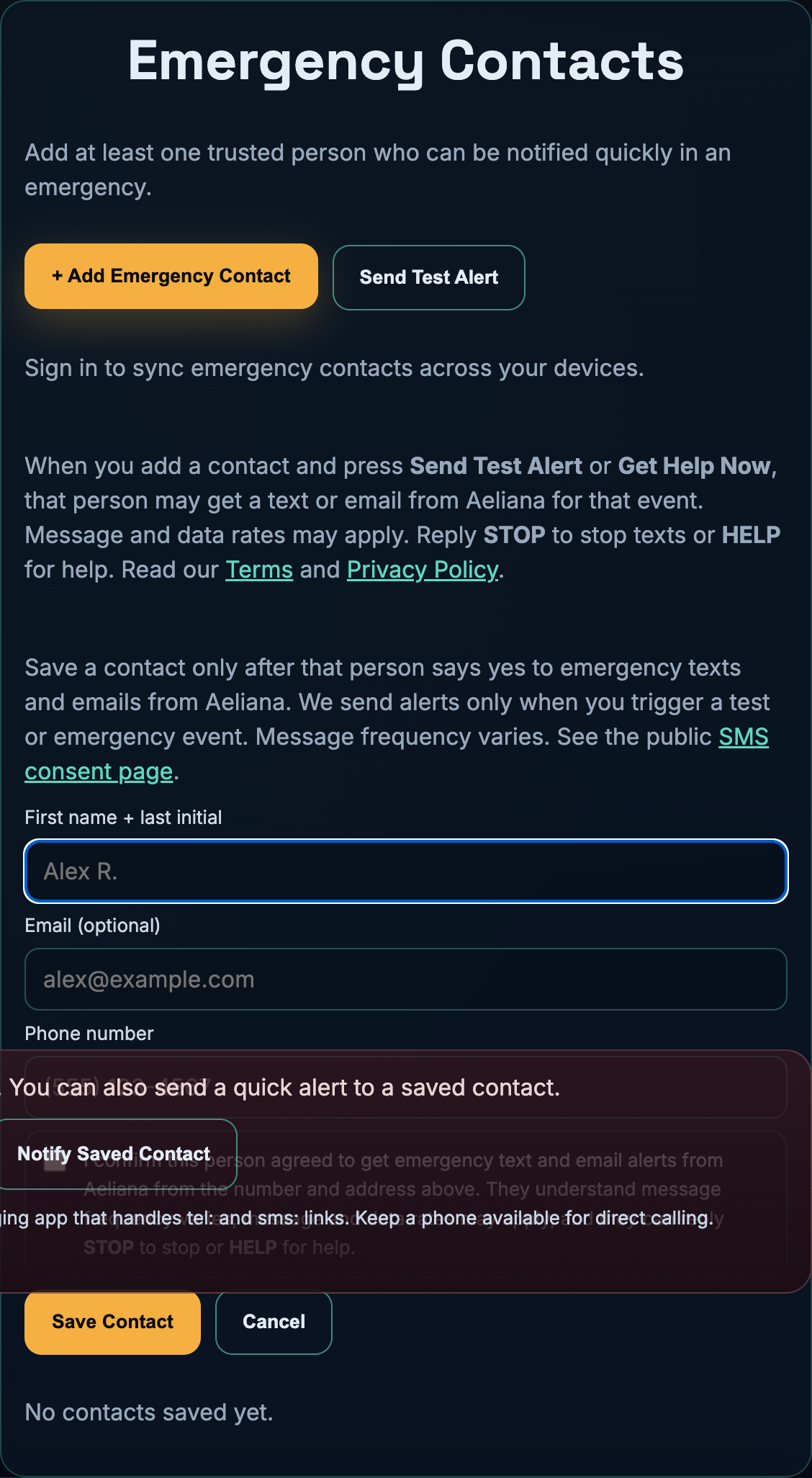 Aeliana Emergency Center contact form with the SMS consent checkbox visible.